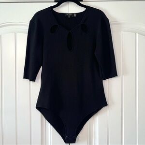 Ted Baker Sofiyaa Knitted Bodysuit Front Keyhole Short Sleeve Black Ribbed Large